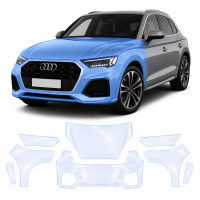 Антигравийная защитная бронепленка по лекалам для Audi Q5 FY facelift 2021-2024 - передняя часть авто (капот бампер фары крылья)