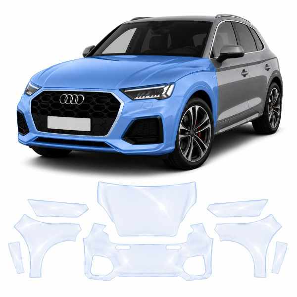 Антигравийная защитная бронепленка по лекалам для Audi Q5 FY facelift 2021-2024 - передняя часть авто (капот бампер фары крылья)