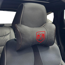 Подушка на подголовник с логотипом Dodge Экокожа 3D Цветной лого Черная-Коричневый кант 1 шт