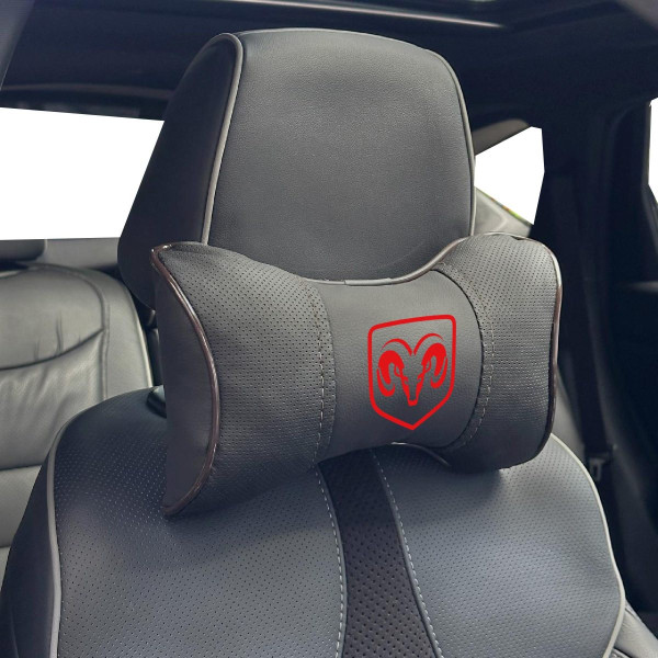 Подушка на підголівник з логотипом Dodge Екошкіра 3D Кольоровий лого Чорна-Коричневий кант 1 шт