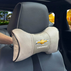 Подушка на підголівник з логотипом Chevrolet Екошкіра 3D Кольоровий лого Бежева-Коричневий кант 1 шт