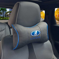 Подушка на підголівник з логотипом Lada Екошкіра 3D Кольоровий лого Чорна-Синій кант 1 шт