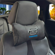 Подушка на підголівник з логотипом Mazda Екошкіра 3D Кольоровий лого Чорна-Чорний кант 1 шт