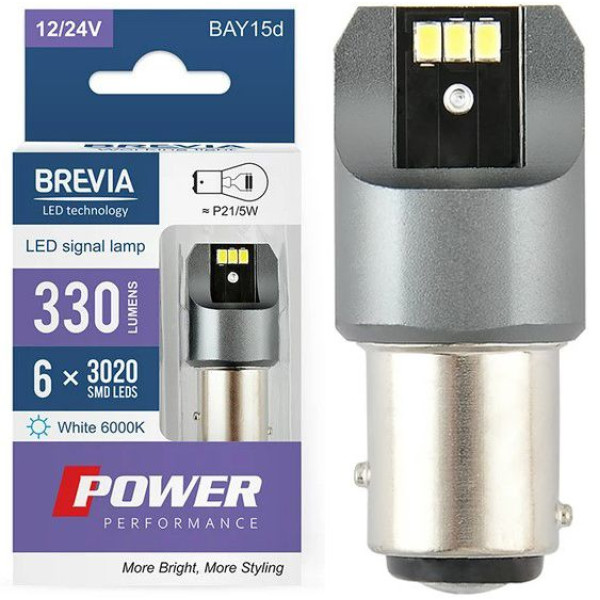 LED автолампа Brevia Power 12/24V P27/7W 6x3020SMD 330Lm 6000K CANbus BAY15d 2 шт (10103X2)