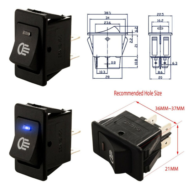 Кнопка Переключатель клавишный 12V (On/Off) 4 Контакта 20,2x34,2 мм Синяя Подсветка (Q3678)