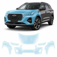 Антигравийная защитная бронепленка по лекалам для Chery Tiggo 7 Pro I facelift 2023- передняя часть авто (капот бампер фары крылья)