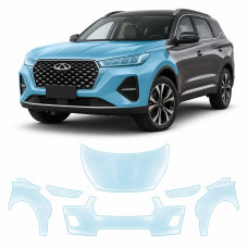 Антигравийная защитная бронепленка по лекалам для Chery Tiggo 7 Pro I facelift 2023- передняя часть авто (капот бампер фары крылья)