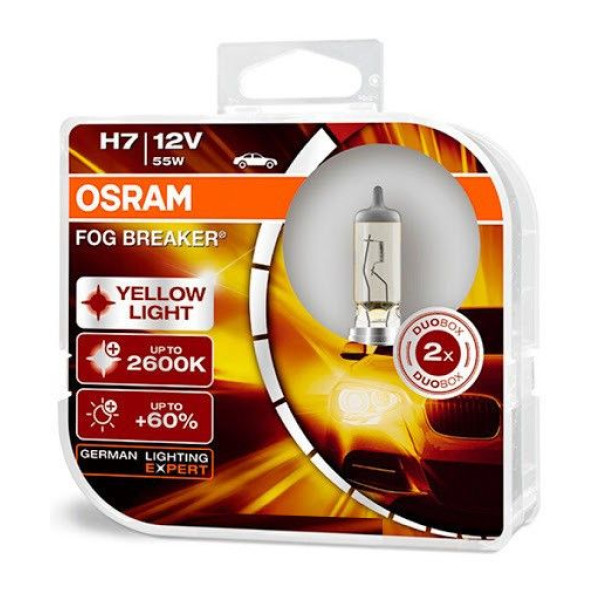 Автолампа галогенна Osram Fog Breaker +60% 12V H7 60/55W 2600K 2 шт (62210FBR-BOX)