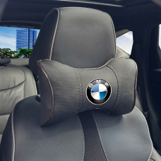 Подушка на підголівник з логотипом BMW Екошкіра 3D Кольоровий лого Чорно-Коричневий кант 1 шт