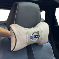 Подушка на підголівник з логотипом Volvo Екошкіра 3D Кольоровий лого Бежева-Коричневий кант 1 шт