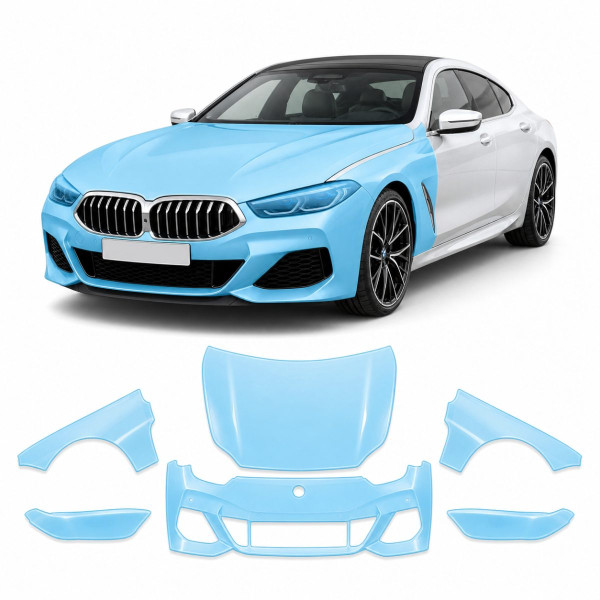 Антигравийная защитная бронепленка по лекалам для BMW 8 Series G15/G14/G16 facelift 2022- передняя часть авто (капот бампер фары крылья)