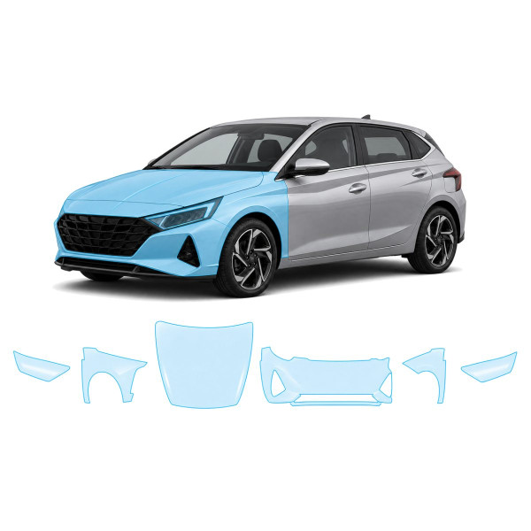 Антигравийная защитная бронепленка по лекалам для Hyundai i20 III 2020- передняя часть авто (капот бампер фары крылья)