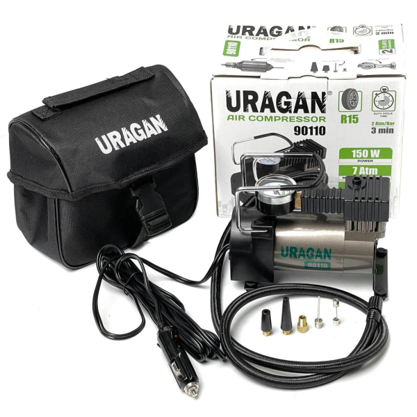Автомобільний компресор URAGAN 12V 12А 35л/хв 150Вт 1 м шланг (90110)