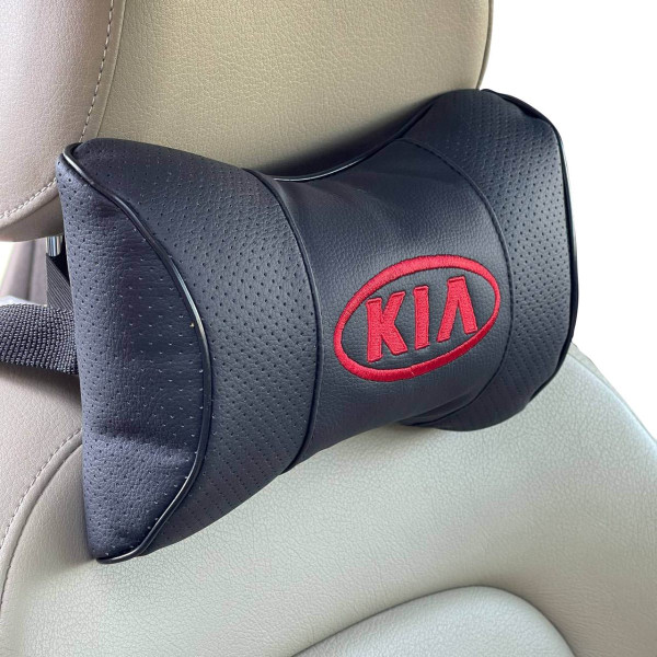 Подушка на підголовник з логотипом Kia екошкіра Чорна Червоний логотип 1 шт