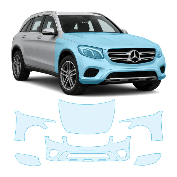 Антигравийная защитная бронепленка по лекалам для Mercedes-Benz GLC X253 2015-2019 - передняя часть авто (капот бампер фары крылья)