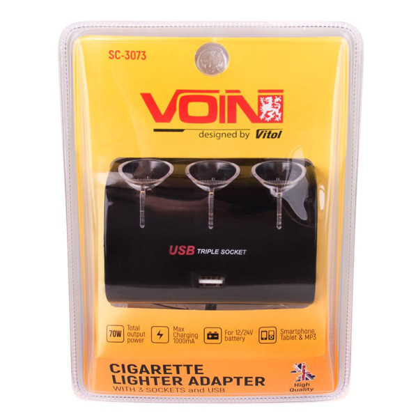 Автомобильный разветвитель прикуривателя VOIN 3 выхода 1 USB 1000mA 12/24V (SC-3073)