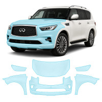 Антигравийная защитная бронепленка по лекалам для Infiniti QX80 Z62 facelift 2018-2024 - передняя часть авто (капот бампер фары крылья)