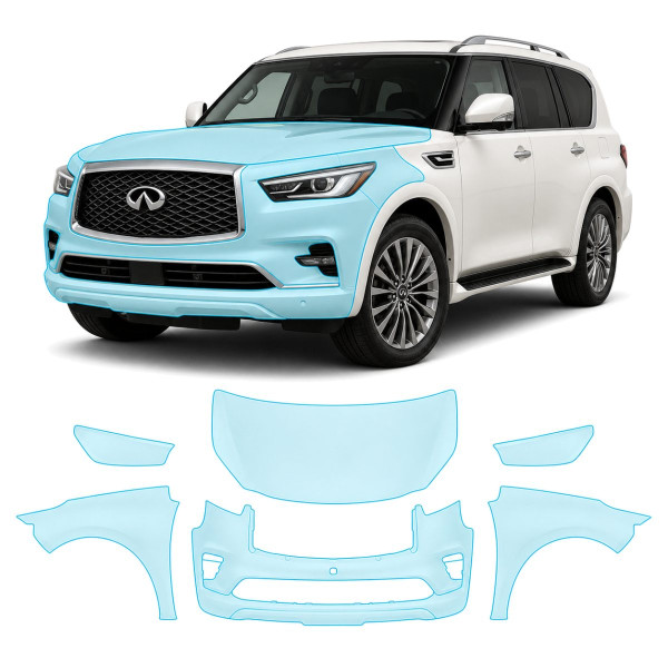 Антигравийная защитная бронепленка по лекалам для Infiniti QX80 Z62 facelift 2018-2024 - передняя часть авто (капот бампер фары крылья)