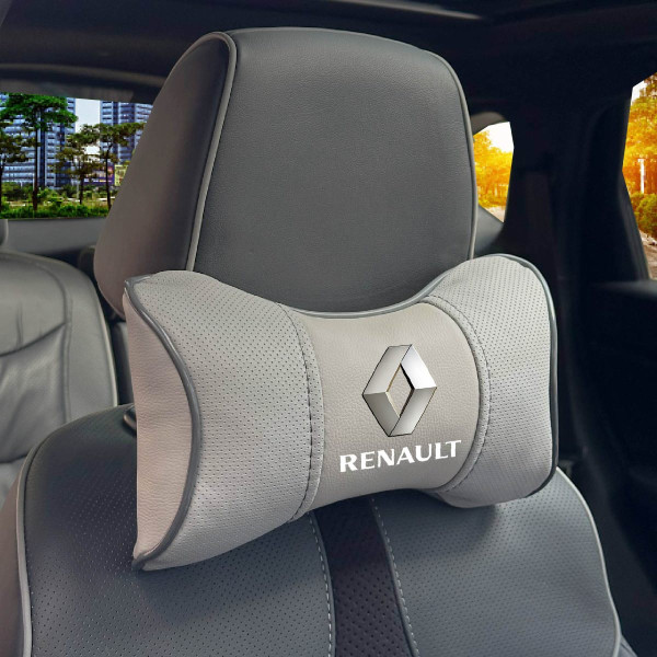 Подушка на підголівник з логотипом Renault Екошкіра 3D Кольоровий лого Сірі-Сірий кант 1 шт
