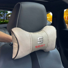 Подушка на подголовник с логотипом Seat Экокожа 3D Цветной лого Бежевая-Коричневый кант 1 шт