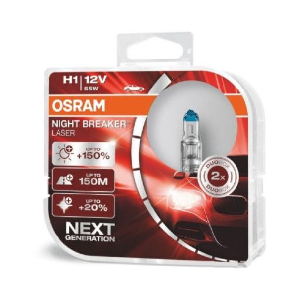 Автолампа галогенна Osram Night Breaker Laser +150% 12V H1 55W Оригінал 2 шт (64150 NL-BOX)