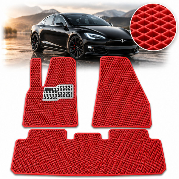 Килимки в салон EVA для Tesla Model S 2012-2020 з підп'ятником Червоні T-01 T-09