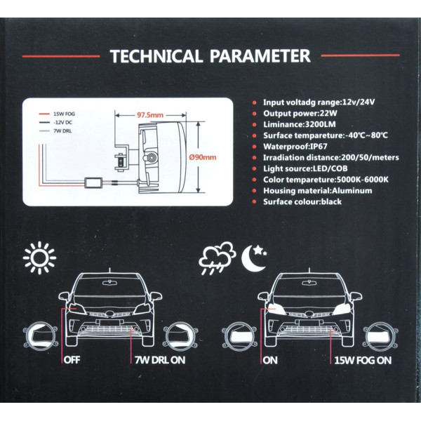 Протитуманні LED Фари круглі D90 мм / Лінза з ДХО / 12V / 22W / 6000K-COB / 2 шт