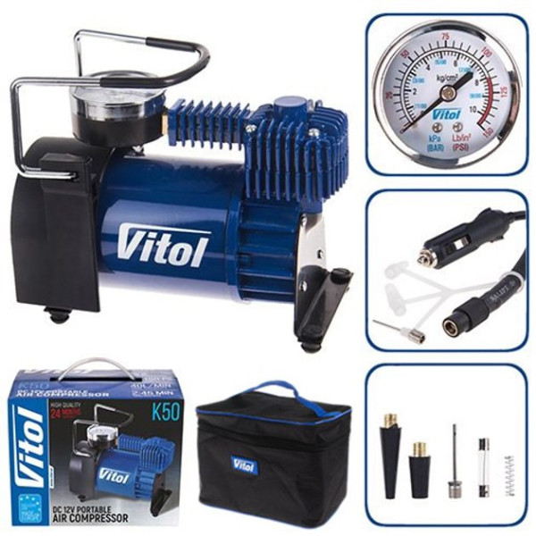 Компрессор автомобильный Vitol 150psi 15Amp 40л R13-16 прикуриватель (K-50)