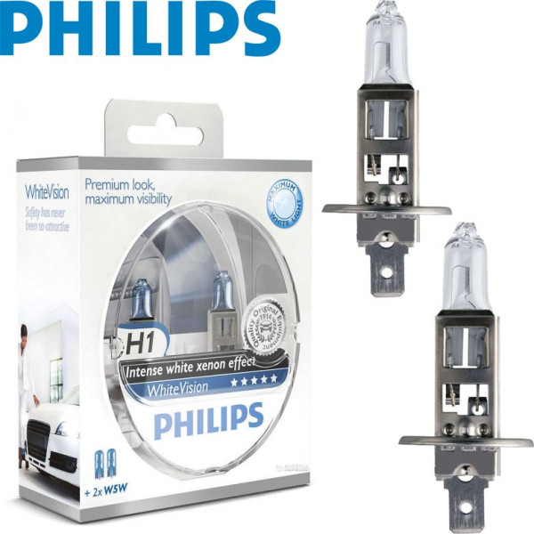 Автолампа галогенна Philips WhiteVision +60% H1 12V 55W 3700К P14.5s (12258WHVSM)