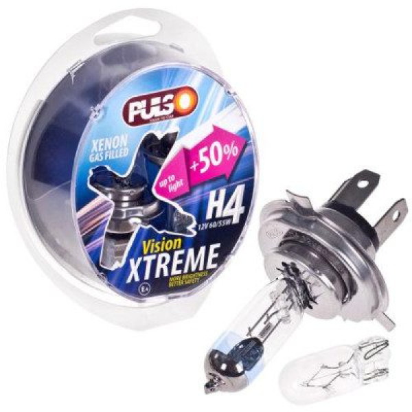 Автолампа галогенная Pulso H4 P43T 12V 60/55W +50% X-treme Vision с габаритами plastic box 4 шт