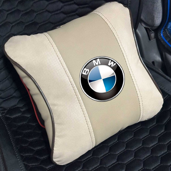 Подушка на підголівник з логотипом Bmw Екошкіра 3D Кольоровий лого Бежевий 1 шт