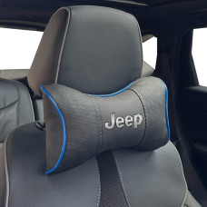 Подушка на підголівник з логотипом Jeep Екошкіра 3D Кольоровий лого Чорні-Синій кант 1 шт