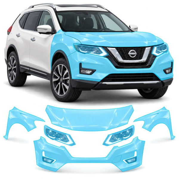 Антигравийная защитная бронепленка по лекалам для Nissan Rogue / X-Trail T32 facelift 2017-2022 - передняя часть авто (капот бампер фары крылья)