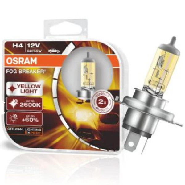 Автолампа галогенна Osram Fog Breaker +60% 12V H4 60/55W 2600K 2 шт (62193FBR-BOX)