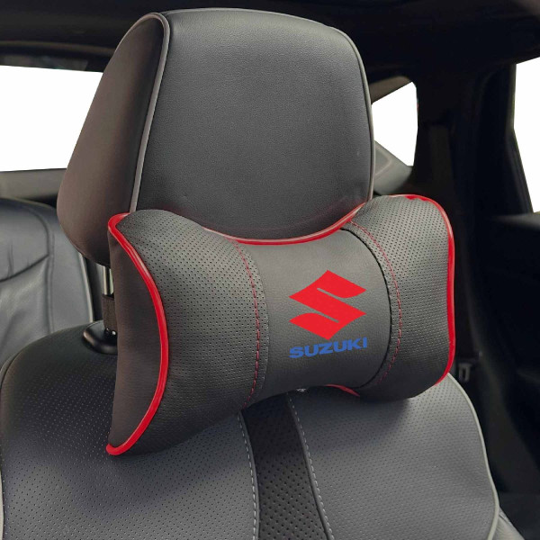 Подушка на підголівник з логотипом Suzuki Екошкіра 3D Кольоровий лого Чорна-Червоний кант 1 шт