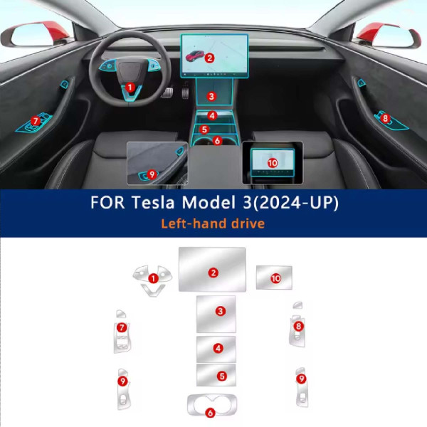 Набір Плівок захисних для салону Tesla Model 3 2024- TPU (Кансолі Дисплея Ручок) 13 шт