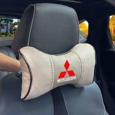 Подушка на підголівник з логотипом Mitsubishi Екошкіра 3D Кольоровий лого Бежева-Коричневий кант 1 шт