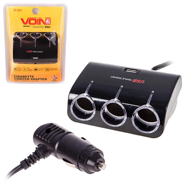 Автомобільний розгалужувач прикурювача VOIN 3 виходу 1USB 1000mA 12/24V (SC-3073)