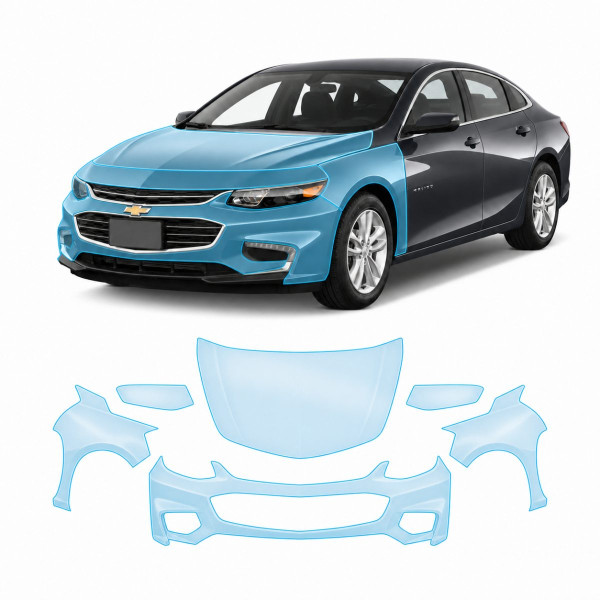 Антигравийная защитная бронепленка по лекалам для Chevrolet Malibu IX 2016-2018 - передняя часть авто (капот бампер фары крылья)