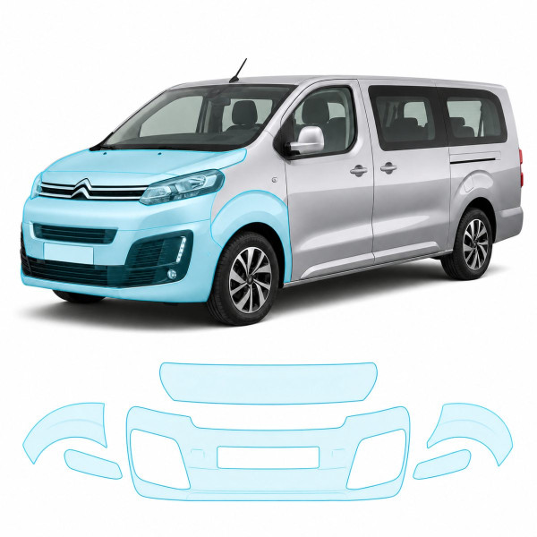 Антигравийная защитная бронепленка по лекалам для Citroen SpaceTourer I 2016- передняя часть авто (капот бампер фары крылья)