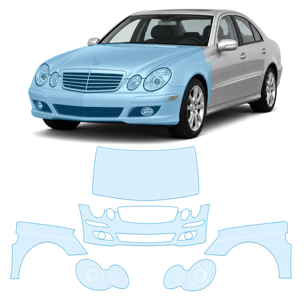 Антигравийная защитная бронепленка по лекалам для Mercedes-Benz E-Class W211 2002-2006 - передняя часть авто (капот бампер фары крылья)