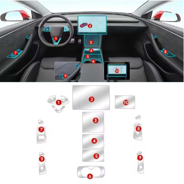 Набір Плівок захисних для салону Tesla Model 3 2024- TPU (Кансолі Дисплея Ручок) 13 шт