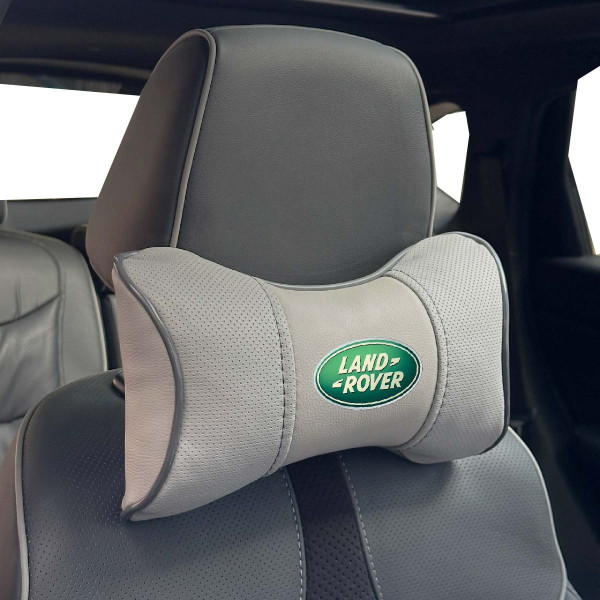 Подушка на подголовник с логотипом Land Rover Экокожа 3D Цветной лого Серые-Серый кант 1 шт