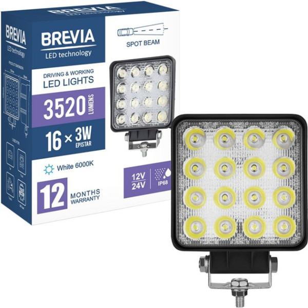 LED фара Brevia Flood Ближний свет 10-30V 48W (16x3W) 3520Lm Алюминиевый корпус IP68 (10652QFX1)