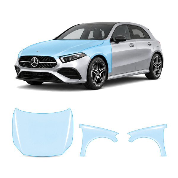 Антигравийная защитная бронепленка по лекалам для Mercedes-Benz A-Class W177 facelift 2022- капот и передние крылья
