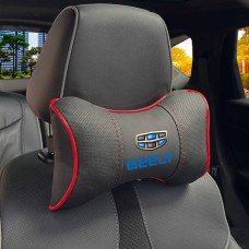 Подушка на подголовник с логотипом Geely Экокожа 3D Цветной лого Черная-Красный кант 1 шт