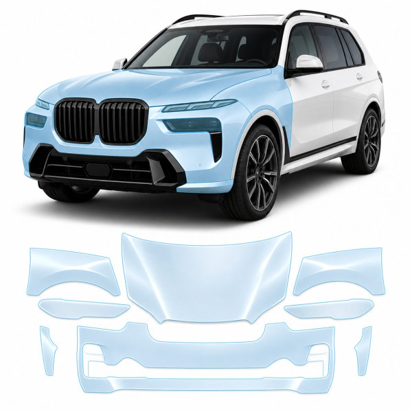 Антигравийная защитная бронепленка по лекалам для BMW X7 G07 facelift 2022- передняя часть авто (капот бампер фары крылья)