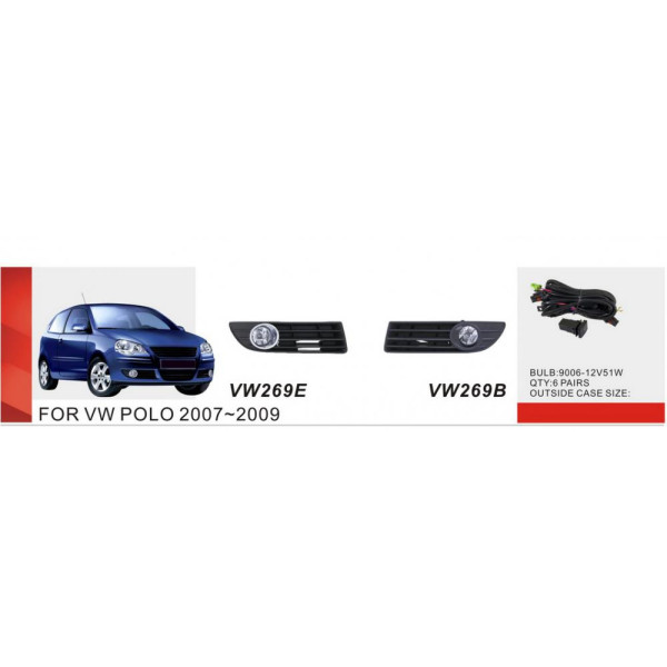 LED Противотуманные фары для Volkswagen Polo 4 2007-2009 9006-12V 55W с проводкой Комплект (VW-269E)