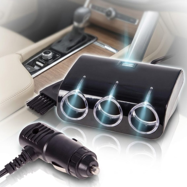 Автомобильный разветвитель прикуривателя VOIN 3 выхода 1 USB 1000mA 12/24V (SC-3073)