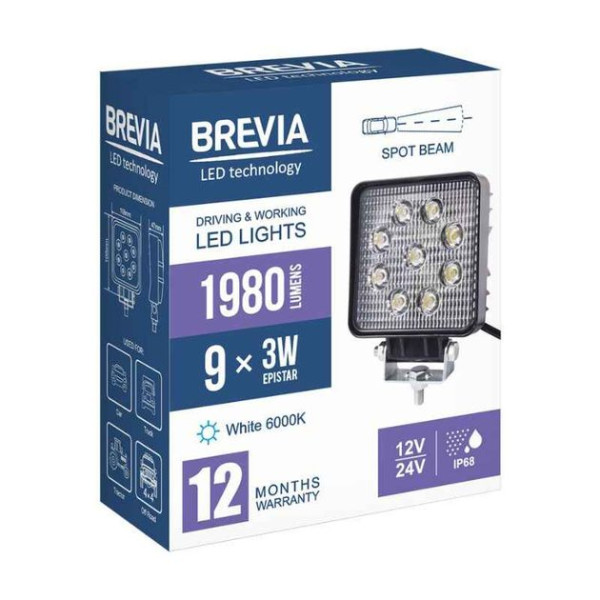 LED фара Brevia Sport Далеке світло 10-30V 27W (9x3W) 1980Lm Алюмінієвий корпус IP68 (10642QSX1)